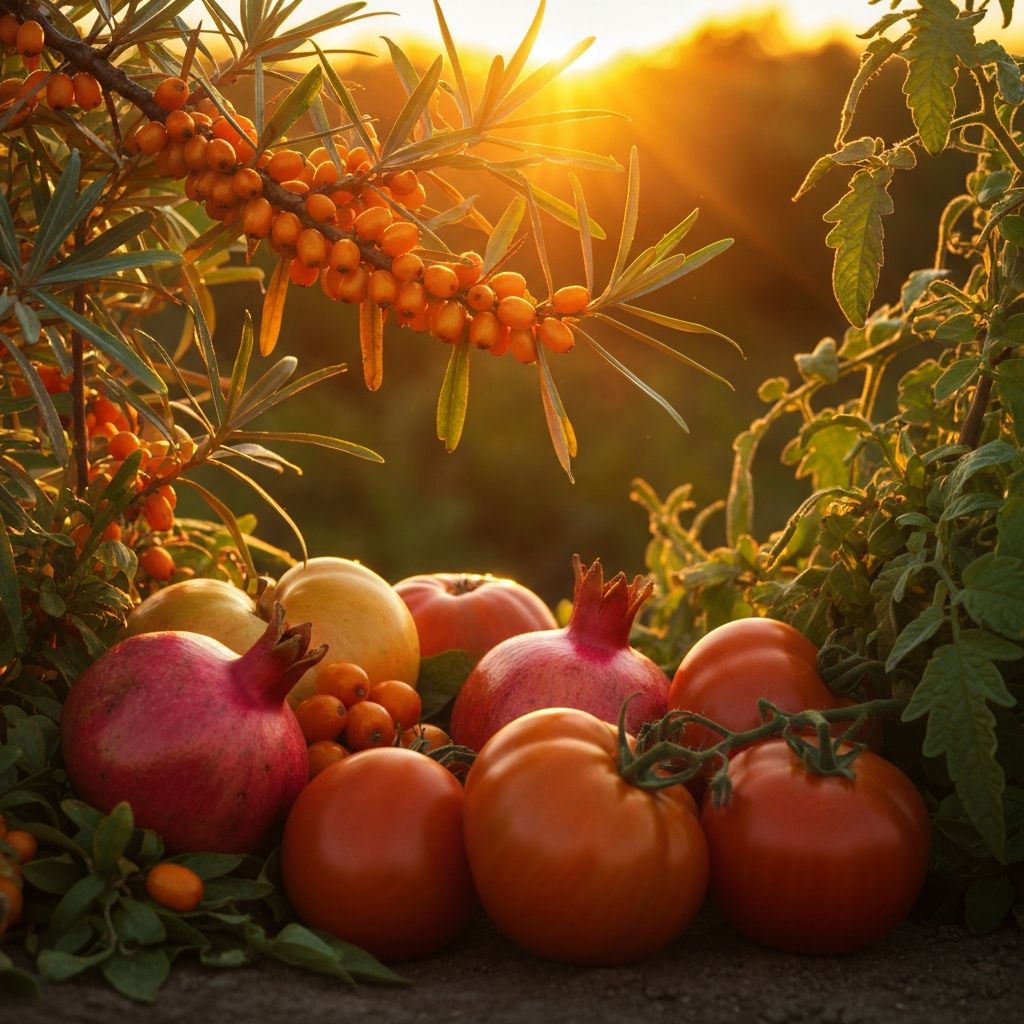 Golden sunlight through ripe fruits and leaves